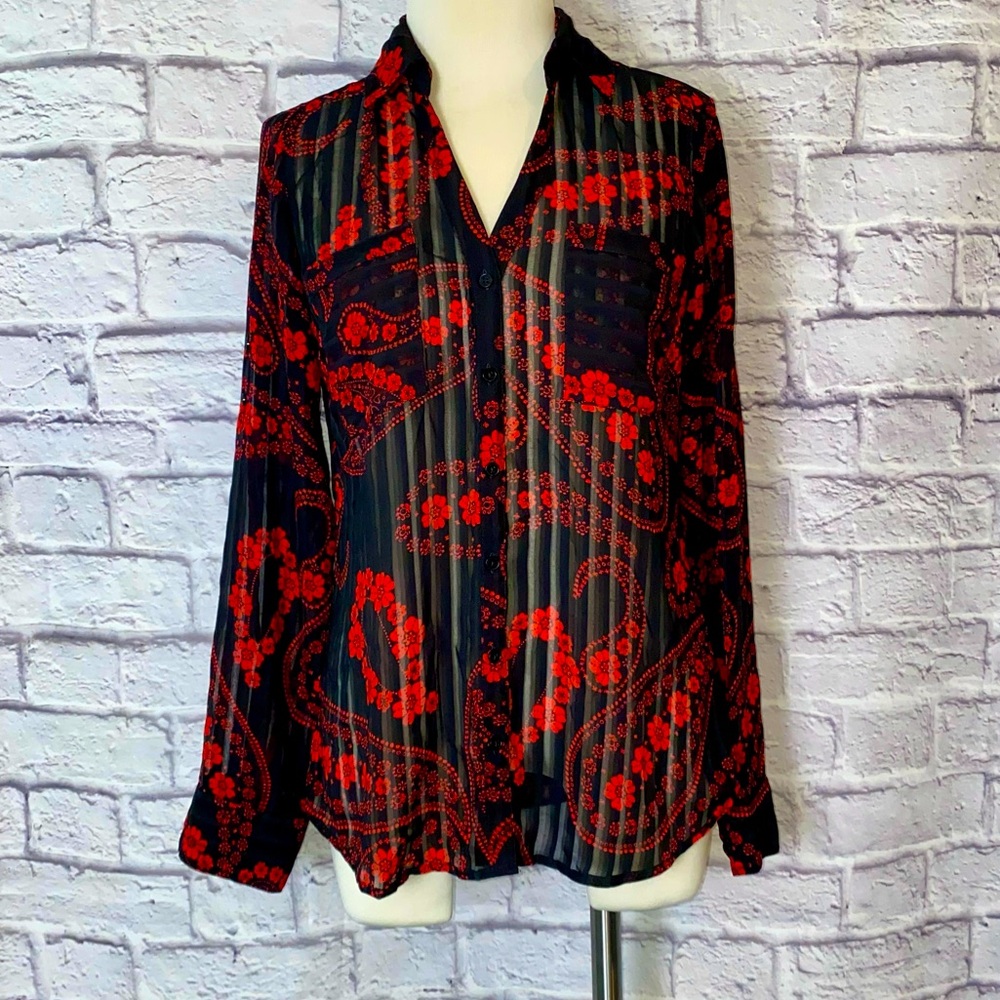 Express 🌹 Y2K Semi-Sheer Button Down. Cherry Blossom, Paisley Print. Size M.